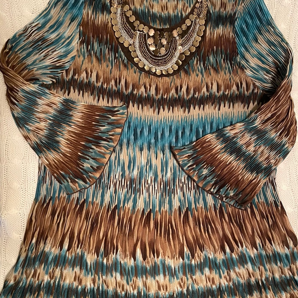 C.J. Banks 1X crepe stretch blouse. Gently used. Bejeweled neckline.